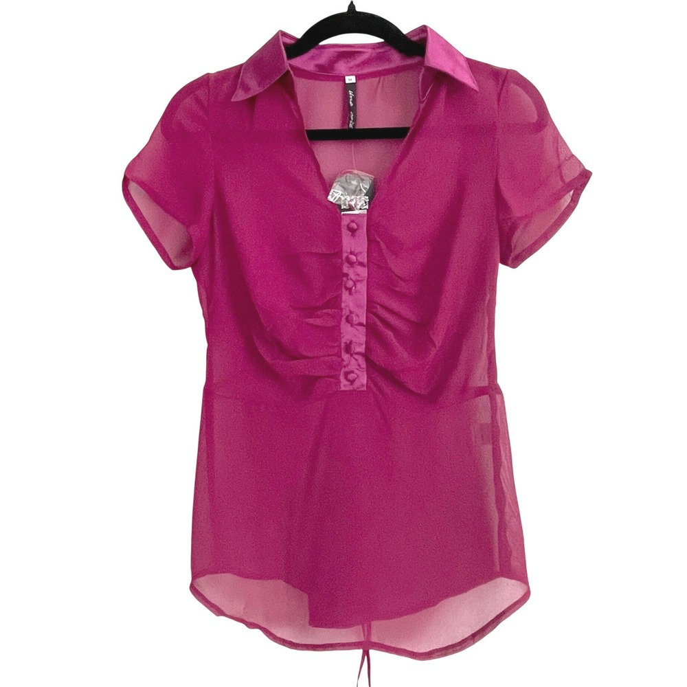 Y2K Uno Core Fucsia Sheer Ruched Blouse Satin Collar Lace Up Back Fuchsia Top M